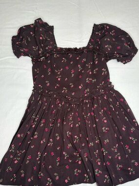Girls Floral Puff-Sleeve Dress - with Pink Flowers